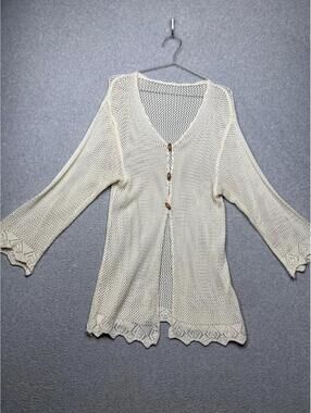 Vintage Womens Open Hand Knit buklum Turkish Cardigan Cream Boho Beach Vaca Chic